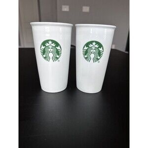 Starbucks Classic Coffee White Green Ceramic Tall Travel Mug 10 fl oz Lot of 2